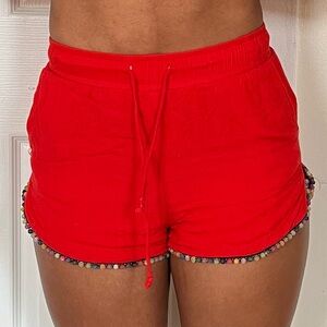 Honey Punch Red Athletic Shorts with Pom-Pom Trim